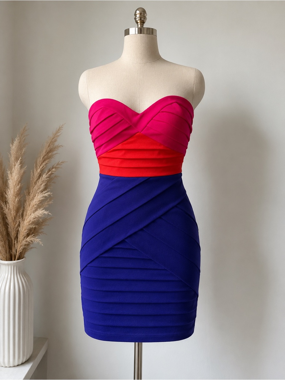 Lipsy Strapless Colorblock Bodycon Dress in Fuchsia, Red & Royal Blue